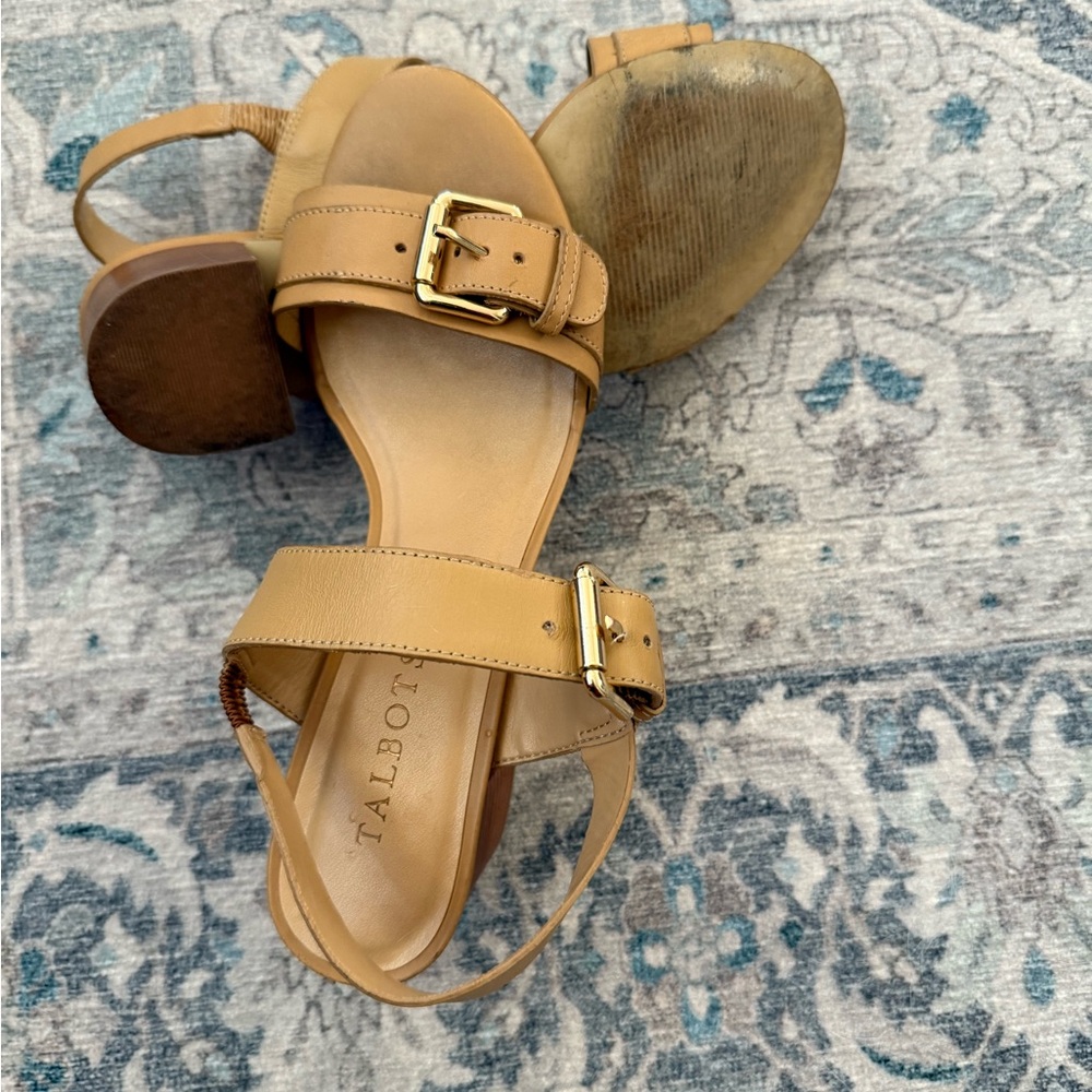 Talbots Tan Sandals with Chunky Wood Heel and Ankle Buckle Strap Classic Luxury - Picture 6 of 6